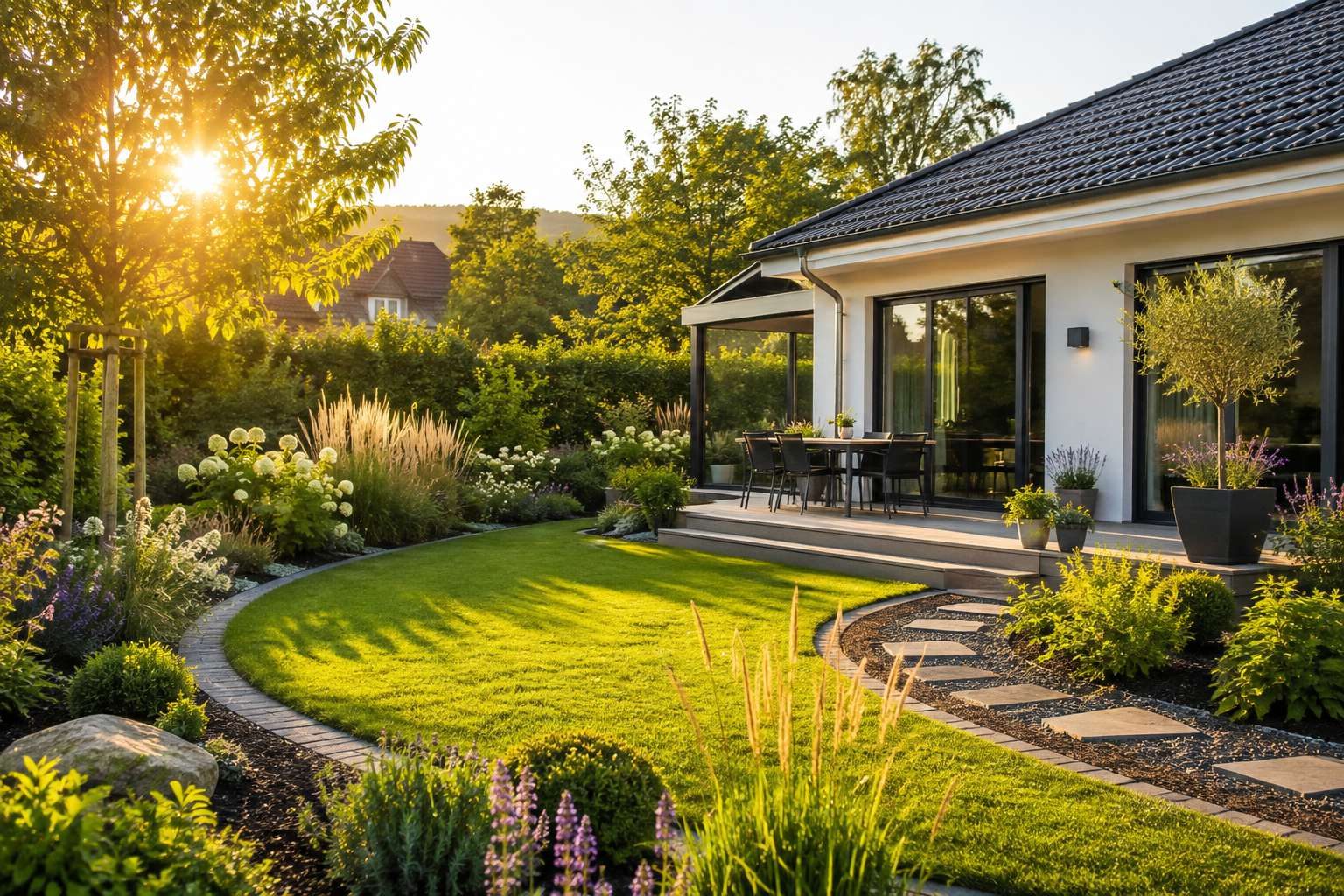 Gepflegte Gartenanlage mit Rasen, Staudenbeeten und Terrasse