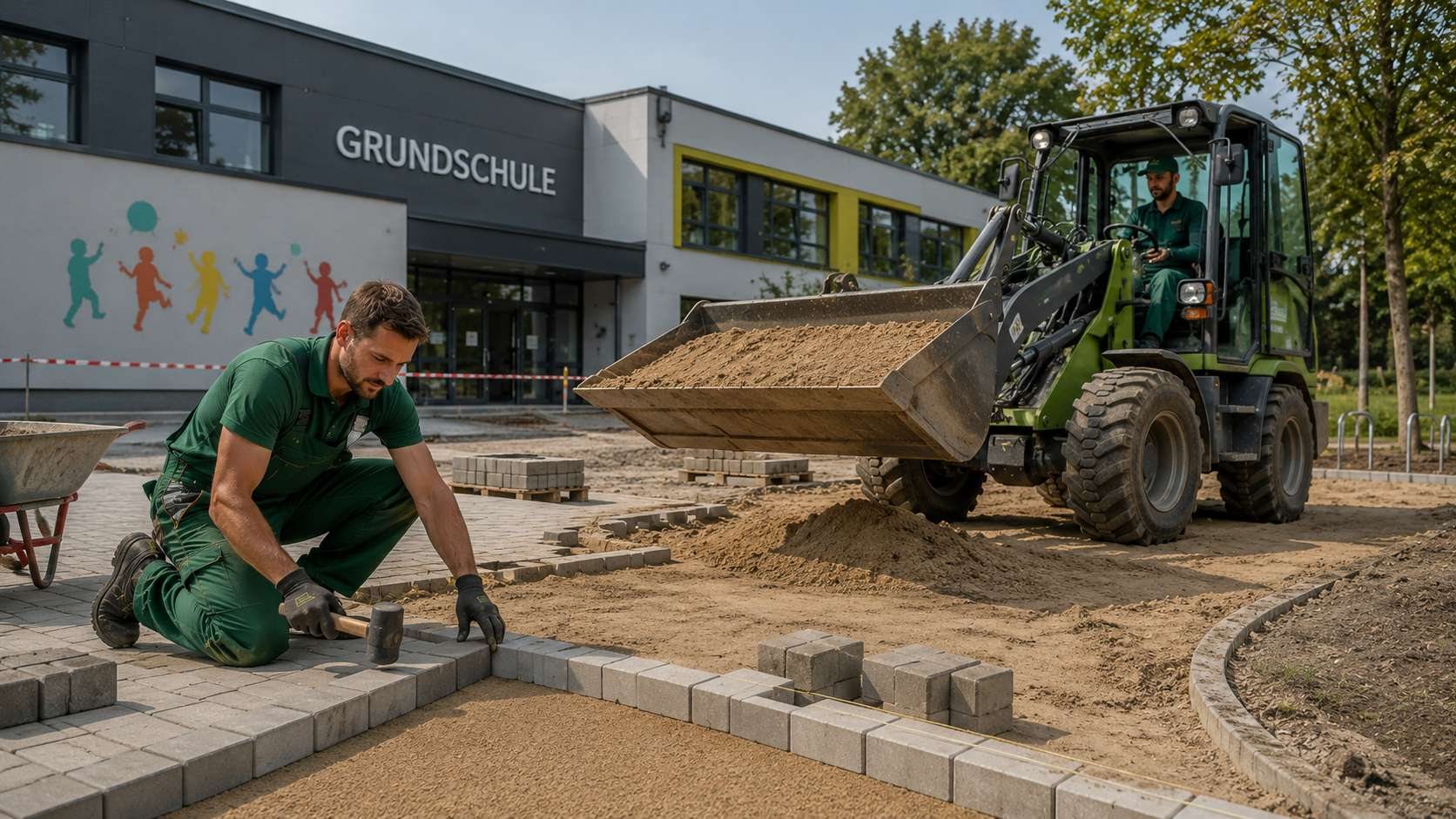 Grünmüller-Team beim Verlegen von Pflastersteinen vor einer Grundschule
