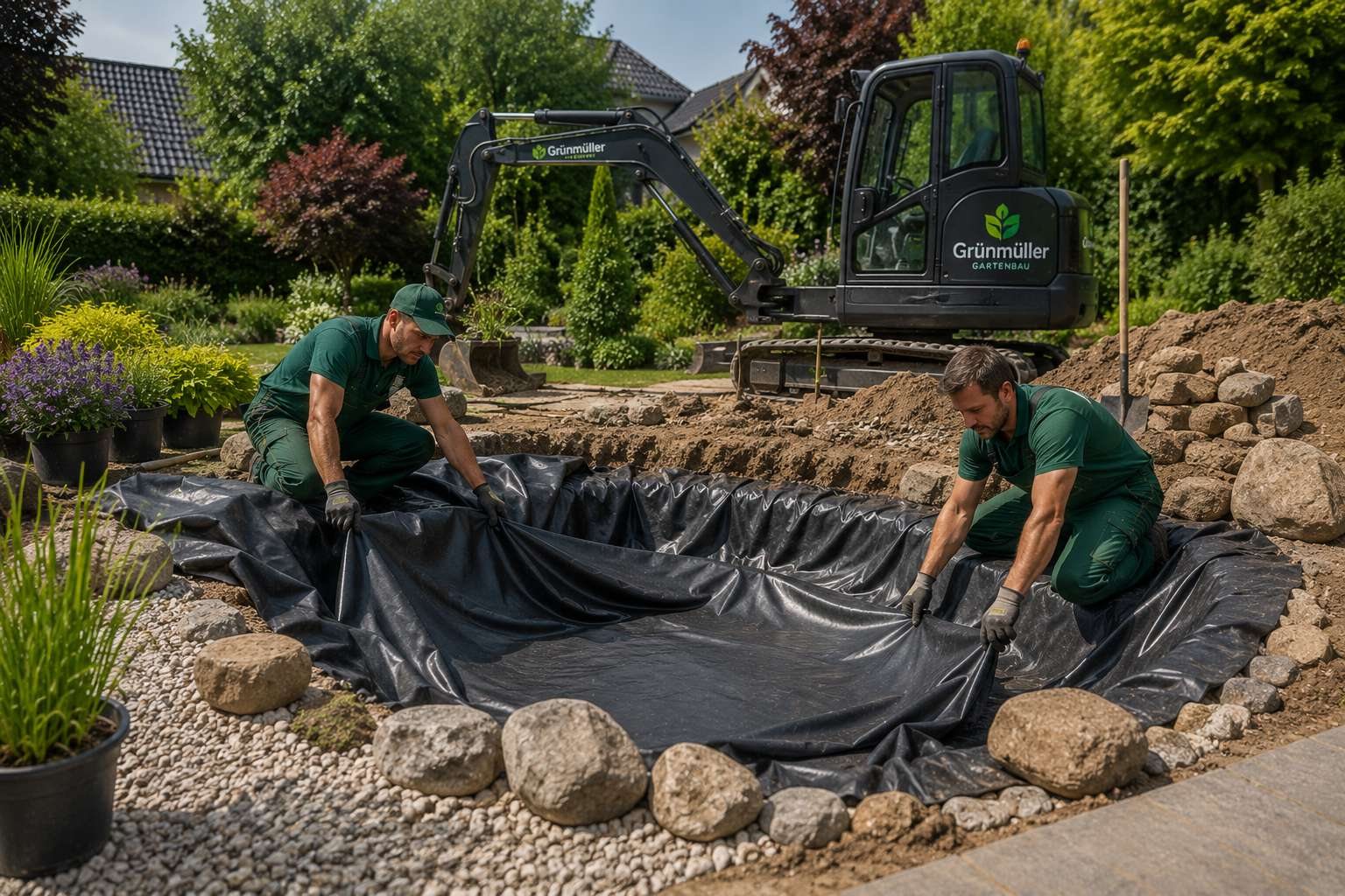 Grünmüller-Team beim Einbau einer Teichfolie im Garten