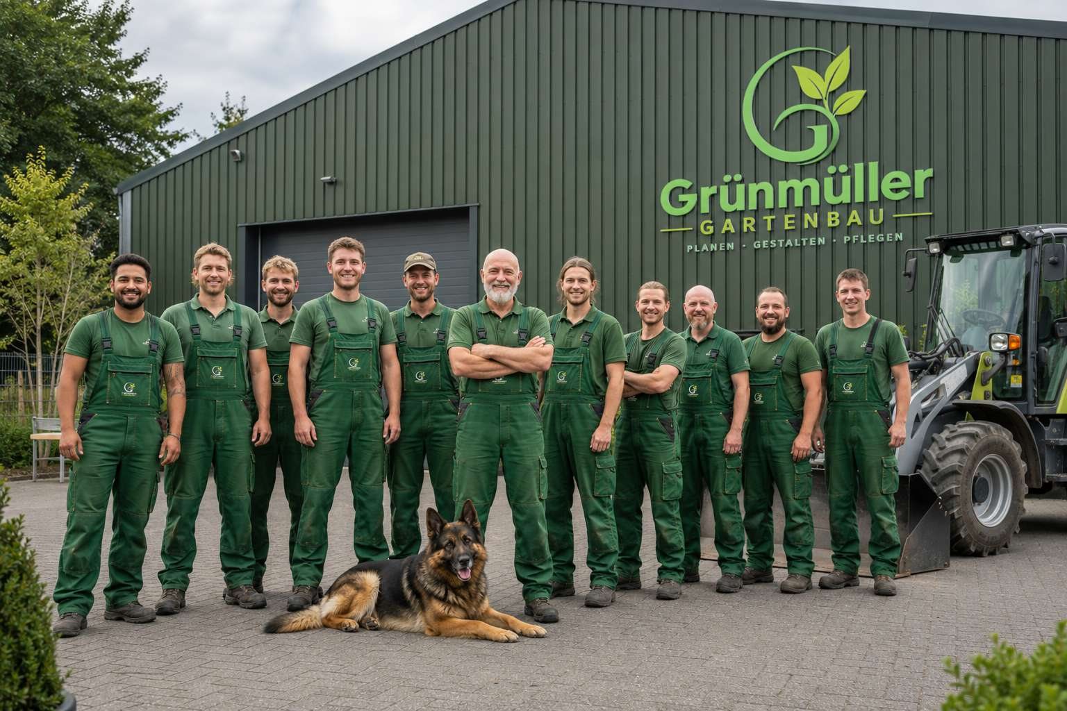 Das Grünmüller-Gartenbau-Team vor der Firmenhalle