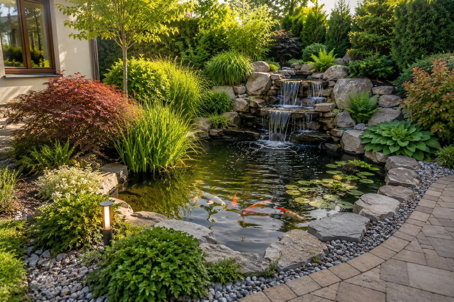 Gartenteich mit Wasserfall, Kois und naturnaher Bepflanzung